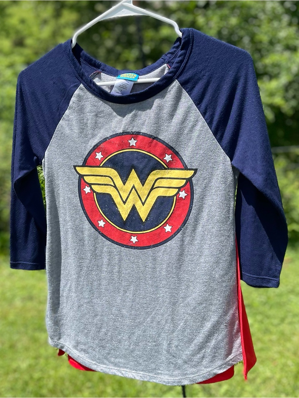 Wonder Woman Raglan Tee with Cape - Gray, Navy & Red
